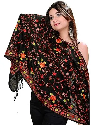 Jet-Black Kashmiri Stole with Crewel Embroidered Flowers