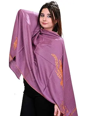 Meadow-Mauve Stole from Kashmir with Sozni Hand-Embroidered Paisleys