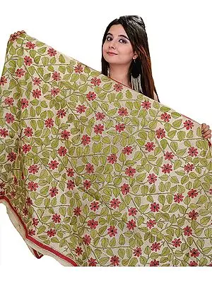Cloud Cream Kantha Dupatta with Embroidered Flowers and Leaves