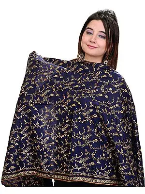 Navy-Blue Kashmiri Tusha Stole with Sozni Hand Embroidery