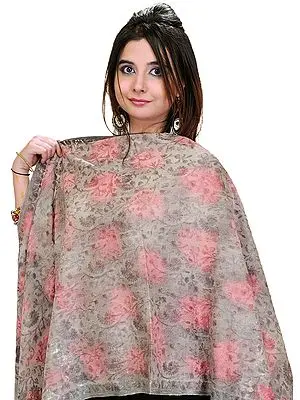 Feather-Gray and Pink Stole from Amritsar with Aari Embroidered Flowers