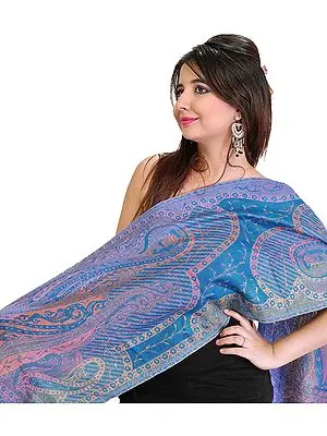 Turkish-Blue Jamawar Scarf with Woven Paisleys