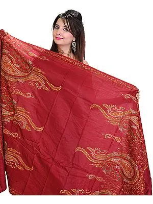 Turkish-Red Kashmiri Shawl with Sozni Embroidered Paisleys