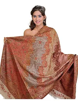 Burnt-Red and Gray Jamawar Shawl from Amritsar with Needle Embroidery by Hand