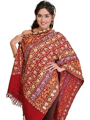 True-Red Stole with Crewel Embroidered Flowers