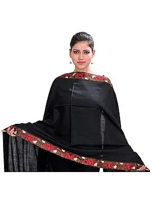 Plain Stole from Amritsar with Embroidered Floral Patch Border