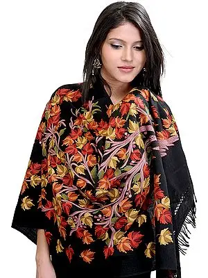 Jet-Black Kashmiri Stole with Hand-Embroidered Tree of Life