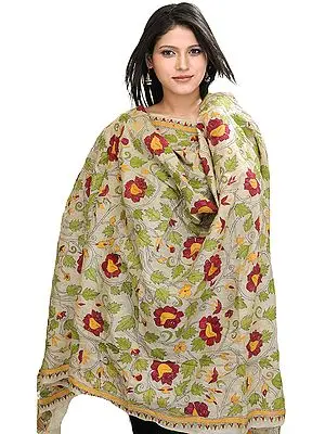 Beige Kantha Dupatta from Kolkata with Hand-Embroidered Flowers and Leaves