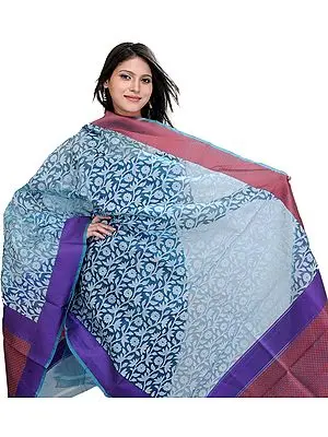 Lake-Blue Banarasi Dupatta with Hand-Woven Flowers