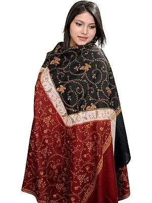 Black and Red Kashmiri Shawl with Sozni Embroidered Flowers