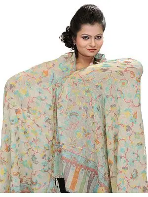 Pristine-White Kani Shawl with Woven Paisleys in Multi-Colored Thread