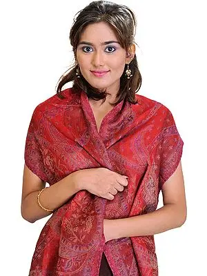Brick-Red Jamawar Scarf with Woven Flowers