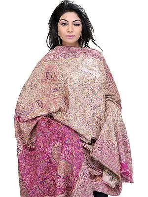 Mauve and Cream Kani Shawl with Woven Paisleys in Multi-Colored Thread