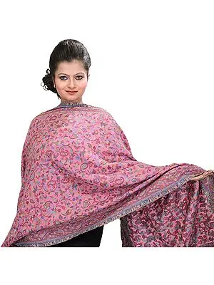 Strawberry-Pink Kani Stole with Woven Paisleys in Multi-Colored Thread