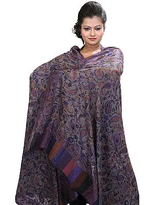 Moonlight-Gray Cashmere Kani Shawl with Woven Paisleys in Multi-Colored Thread