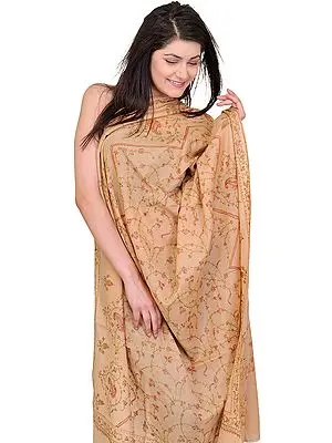 Almond-Buff Shawl from Kashmir with Sozni Hand Embroidered Flowers