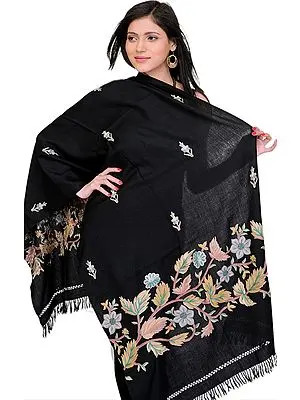 Kashmiri Stole with Aari Embroidered Flowers by Hand