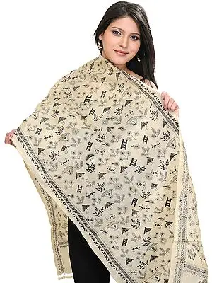 Cloud-Cream Kantha Embroidered Dupatta Inspired by Warli Folk Art