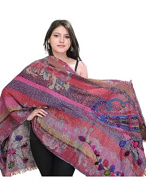Multi-Color Jamawar Stole with Crewel Embroidered Paisleys
