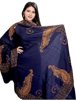 Navy-Blue Kashmiri Shawl with Sozni Embroidered Paisleys