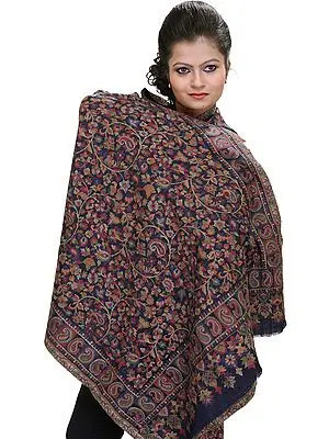 Moonlight-Blue Kani Stole with Woven Flowers in Multi-Colored Thread