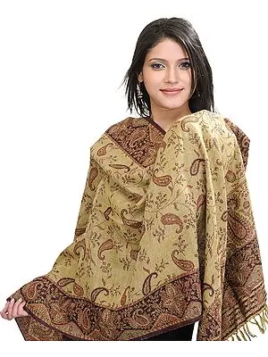 Beige and Maroon Reversible Jamawar Stole with Woven Paisleys