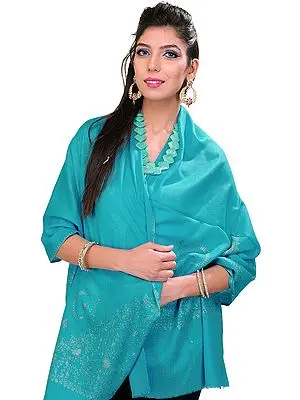Plain Tusha Stole from Kashmir with Sozni Hand Embroidered Border
