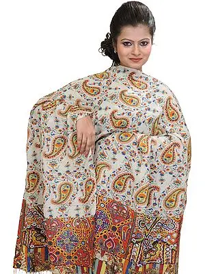 Winter-White Digital-Printed Kani Stole with Woven Paisleys in Multi-Colored Thread