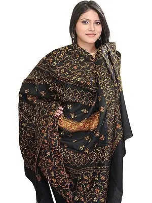 Jet-Black Kashmiri Shawl with Sozni Hand Embroidered Flowers