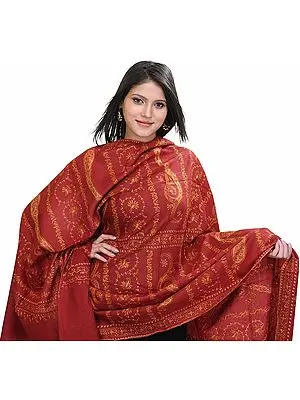 Cordovan-Red Kashmiri Tusha Shawl with Sozni Hand Embroidered Paisleys