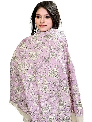 Pastel-Lilac Kantha Dupatta with Embroidered Flowers by Hand