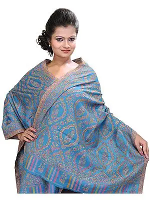 French-Blue Kani Stole with Woven Paisleys in Multi-Colored Thread