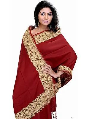 Plain Stole from Amritsar with Aari Embroidered Paisleys on Border