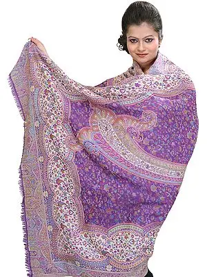 Royal-Purple Kani Shawl with Woven Flowers in Multi-Colored Thread