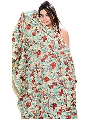 Cloud-Cream Kantha Shawl from Bengal with Roses Embroidered by Hand
