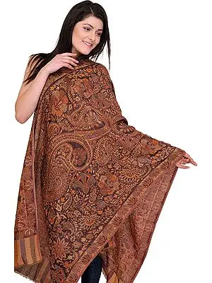 Pecan-Brown Pashmina Jamawar Stole with Woven Flowers and Paisleys