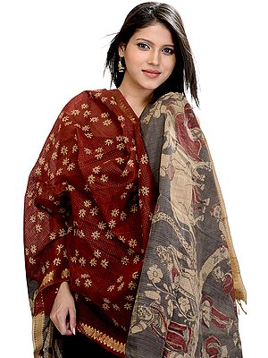 Brick-Red Kalamkari Dupatta from Telangana Depicting a Village Scene