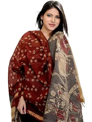 Brick-Red Kalamkari Dupatta from Telangana Depicting a Village Scene