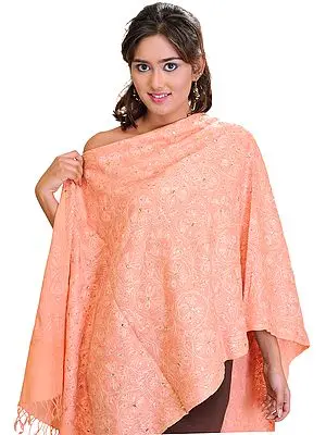 Peach-Bud Stole from Amritsar with Aari Embroidered Flowers and Sequins
