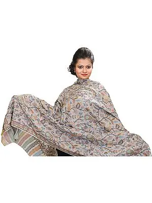 Flint-Gray Kani Pure Pashmina Shawl with Woven Paisleys in Multi-Colored Thread