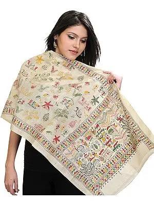 Beige Kantha Embroidered Dupatta Inspired by Warli Folk Art