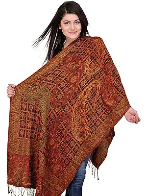 Etruscan-Red Jamawar Stole with Woven Paisleys