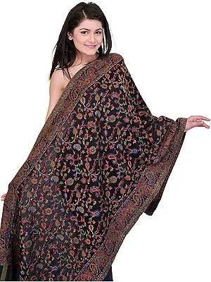 Jet-Black Kani Stole with Woven Paisleys in Multi-Colored Thread
