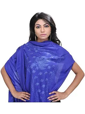 French-Blue Kashmiri Stole with Sozni Hand Embroidered Maple Leaves