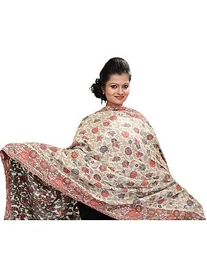 Snow-White Kani Shawl with Woven Flowers in Multi-Colored Thread