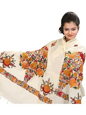 Stole from Kashmir with Crewel Embroidered Flowers by Hand