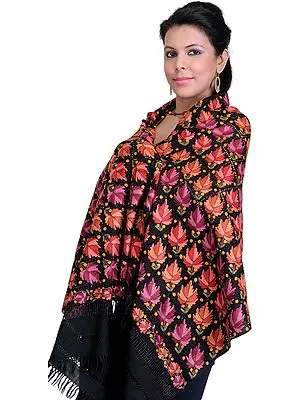 Jet-Black Kashmiri Stole with Hand-Embroidered Maple Leaves