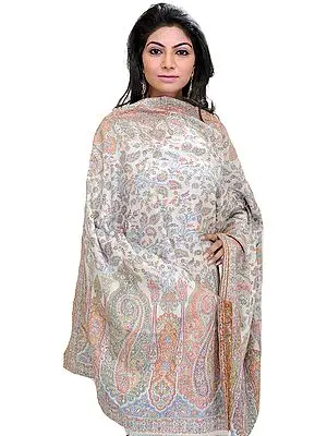 Cloud-Cream Kani Stole with Woven Paisleys in Multi-Colored Thread