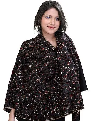 Jet-Black Tusha Stole from Kashmir with Sozni Embroidered Flowers by Hand
