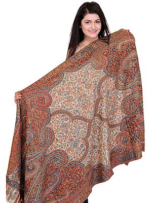 Oxford-Tan Kani Shawl with Kalamkari Needle Embroidery by Hand